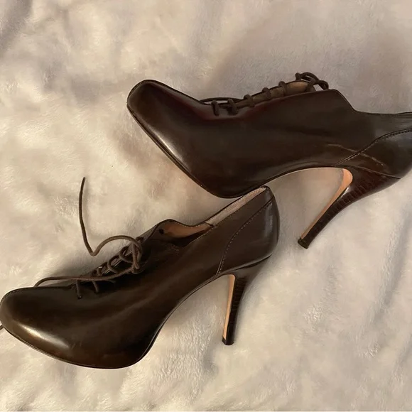 Vintage Max Studio brown leather loafer lace heels 8.5 - Picture 1 of 3